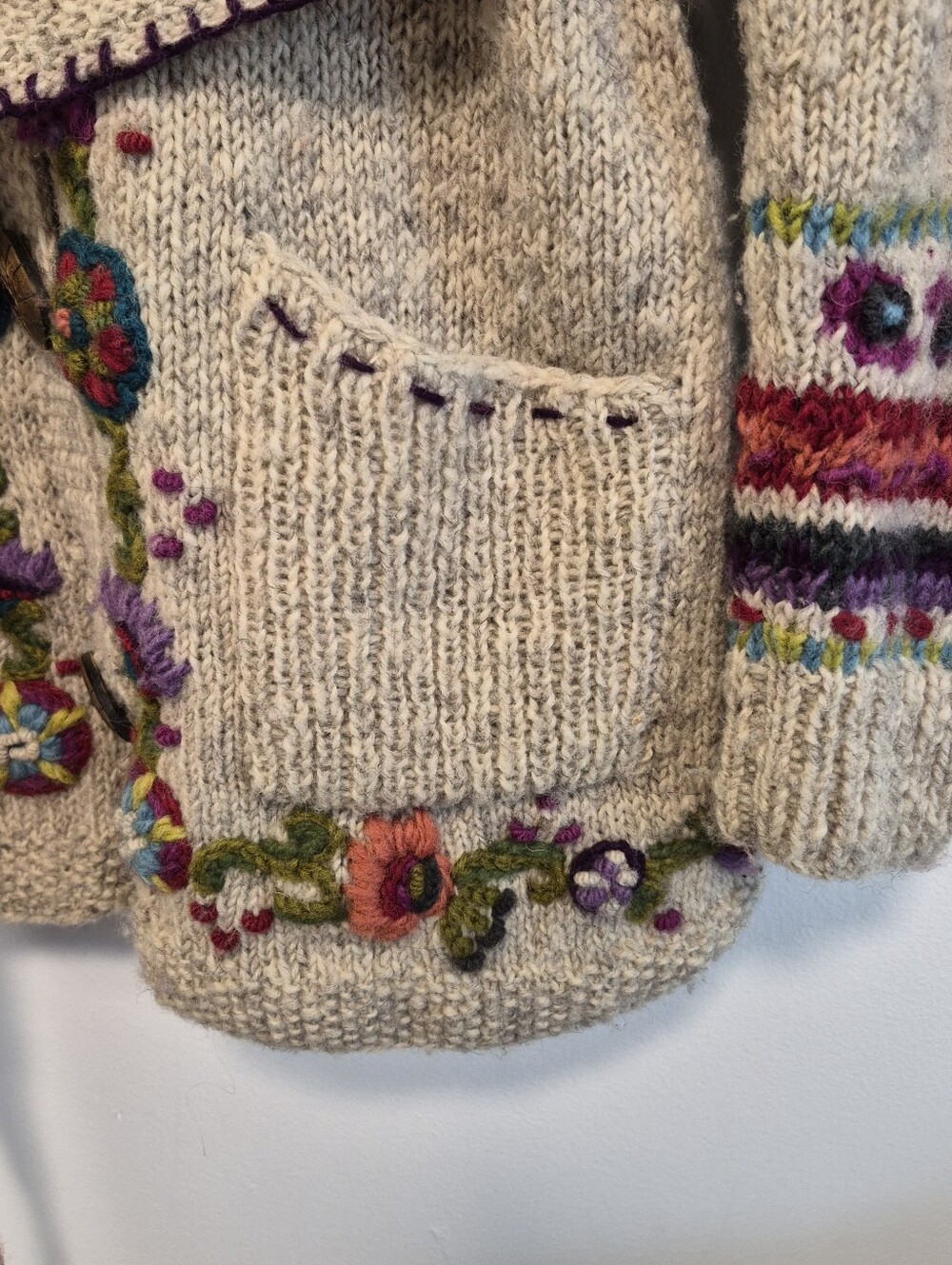 Vtg Newari Nepal Hand Knit Wool Cardigan Sweater Y2K Hooded Belted Floral Sz S/M - Picture 8 of 14